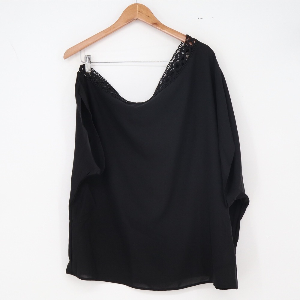 Shein Blouse Womens 2XL One Shoulder Black Crochet Lace Excellent